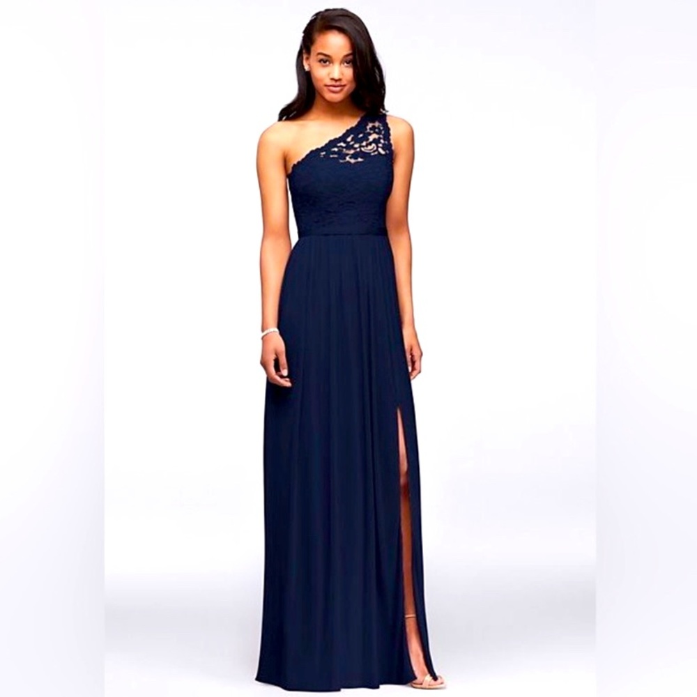 David’s Bridal One Shoulder Lace Dress Long Marine navy blue leg split, size 16
